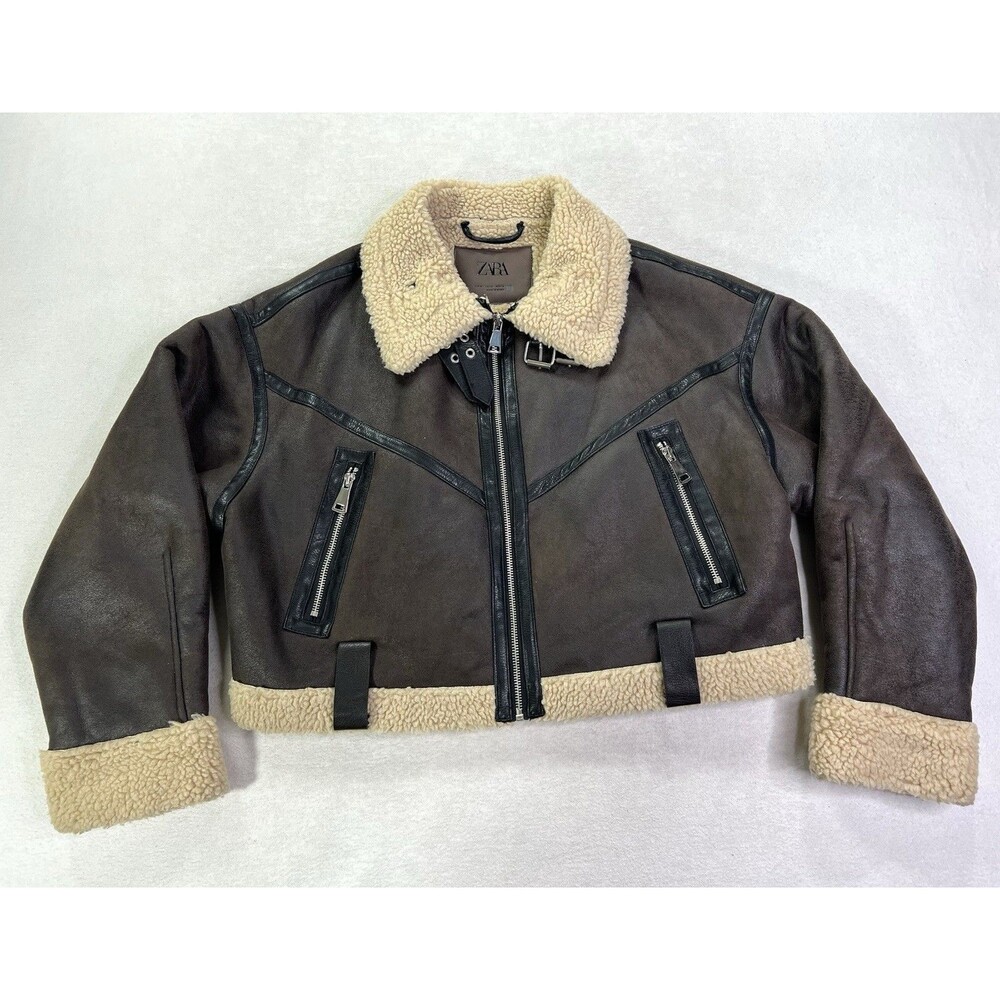 ZARA Brown Faux Leather Aviator Bomber Jacket Faux Shearling Lined Womens Medium
